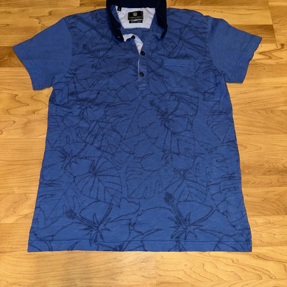 Steel & Jelly Floral Polo‎ Shirt Short Sleeve Casual Top Blue Mens Size S